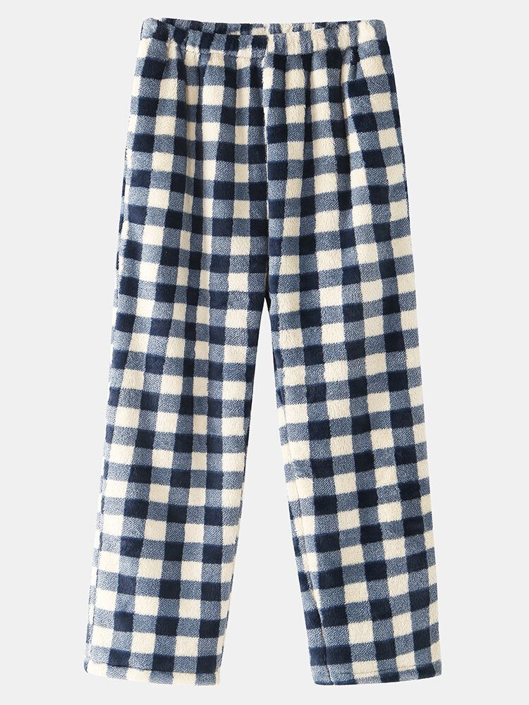 Mens Check Flannel Thicken Warm Elastic Waist Home Sleep Bottoms With Pocket