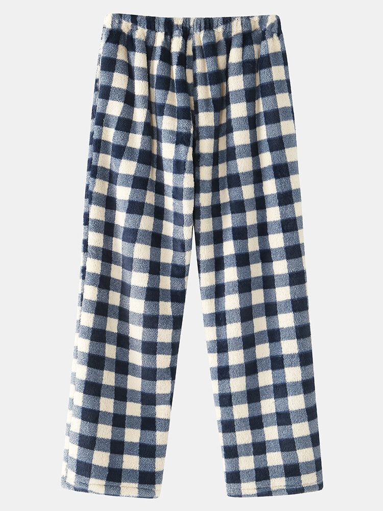 Mens Check Flannel Thicken Warm Elastic Waist Home Sleep Bottoms With Pocket