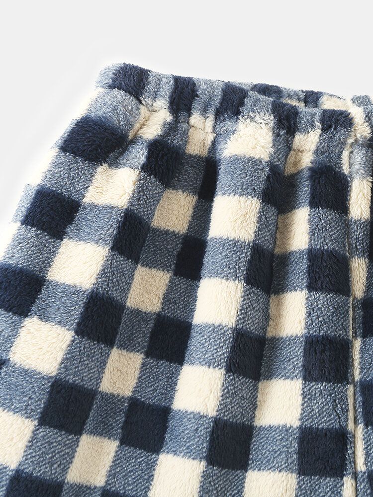 Mens Check Flannel Thicken Warm Elastic Waist Home Sleep Bottoms With Pocket