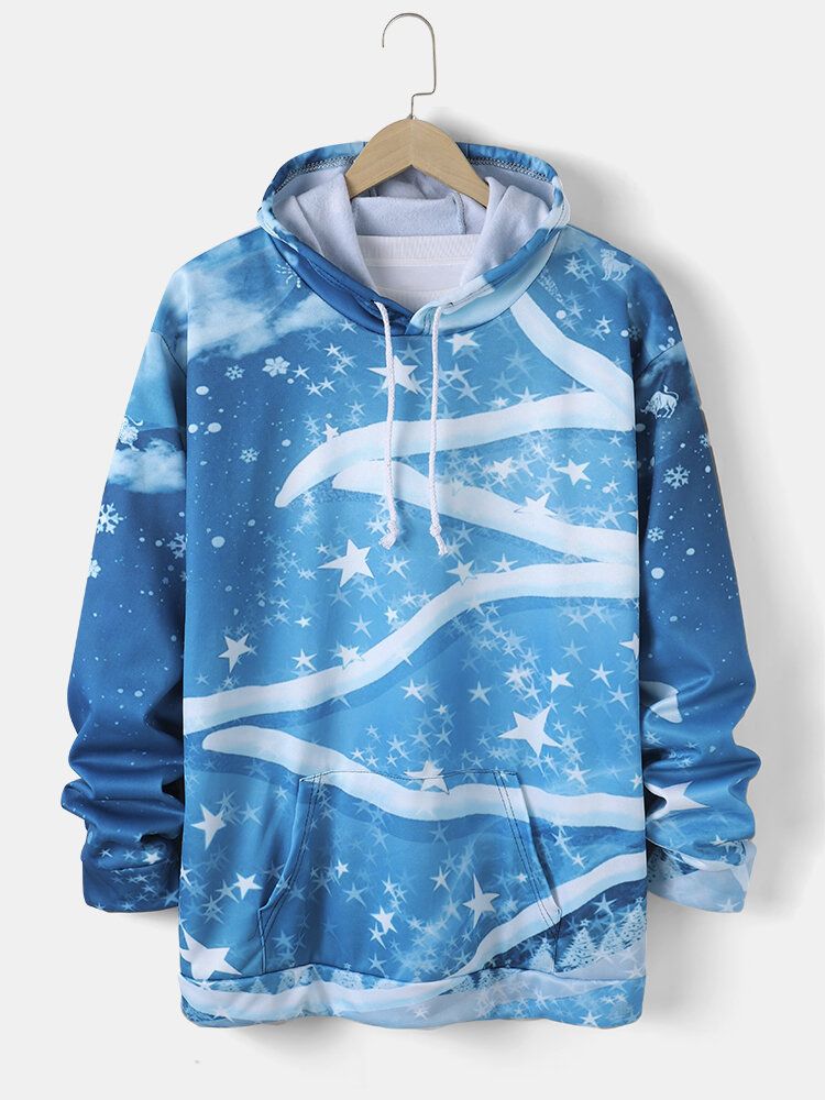 Mens Christmas All Over Stars Snowflake Print Casual Drawstring Hoodies