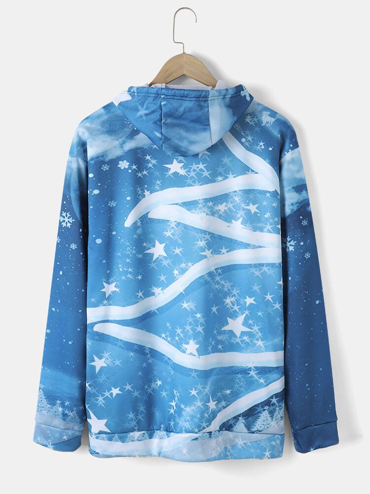 Mens Christmas All Over Stars Snowflake Print Casual Drawstring Hoodies