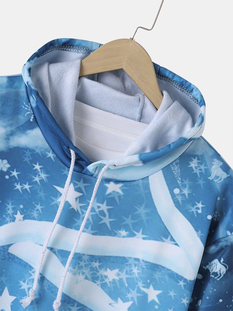 Mens Christmas All Over Stars Snowflake Print Casual Drawstring Hoodies