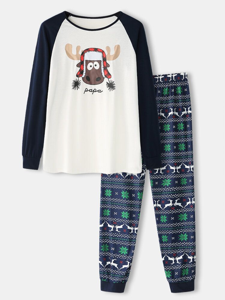 Mens Christmas Cartoon Elk Print Raglan Sleeve Long Sleeve Top Jogger Pants Home Pyjamas