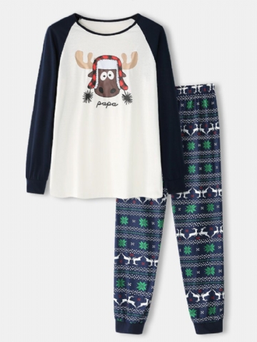 Mens Christmas Cartoon Elk Print Raglan Sleeve Long Sleeve Top Jogger Pants Home Pyjamas