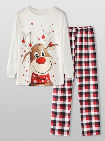 Mens Christmas Cartoon Elk Print Round Neck Top Plaid Pants Home Loose Pyjamas Set