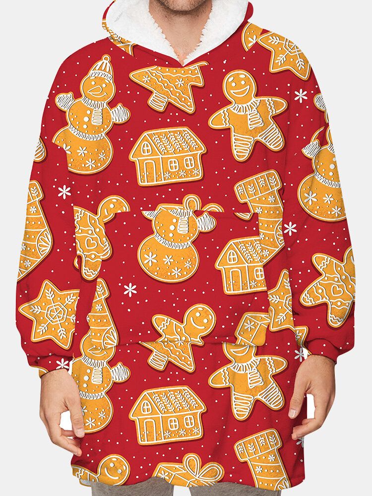 Mens Christmas Gingerbread Print Reversible Fleece Lined Blanket Hoodie Warm Loungewear With Pocket