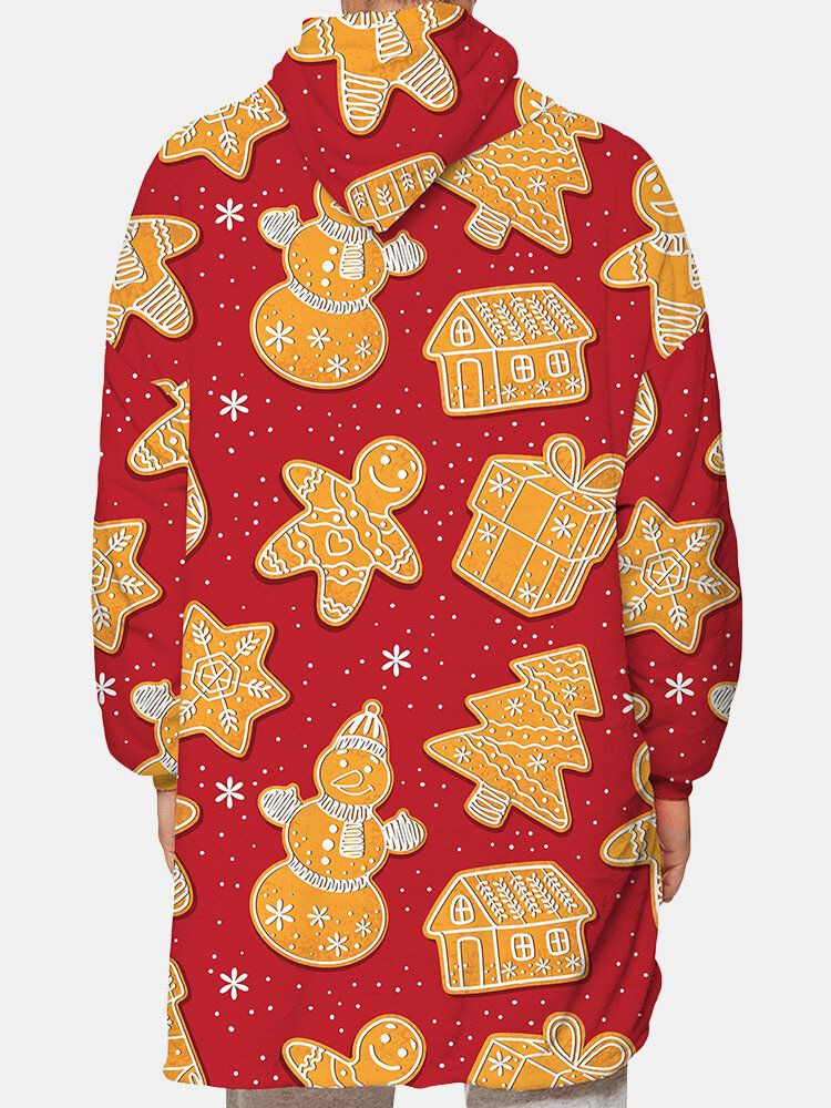 Mens Christmas Gingerbread Print Reversible Fleece Lined Blanket Hoodie Warm Loungewear With Pocket