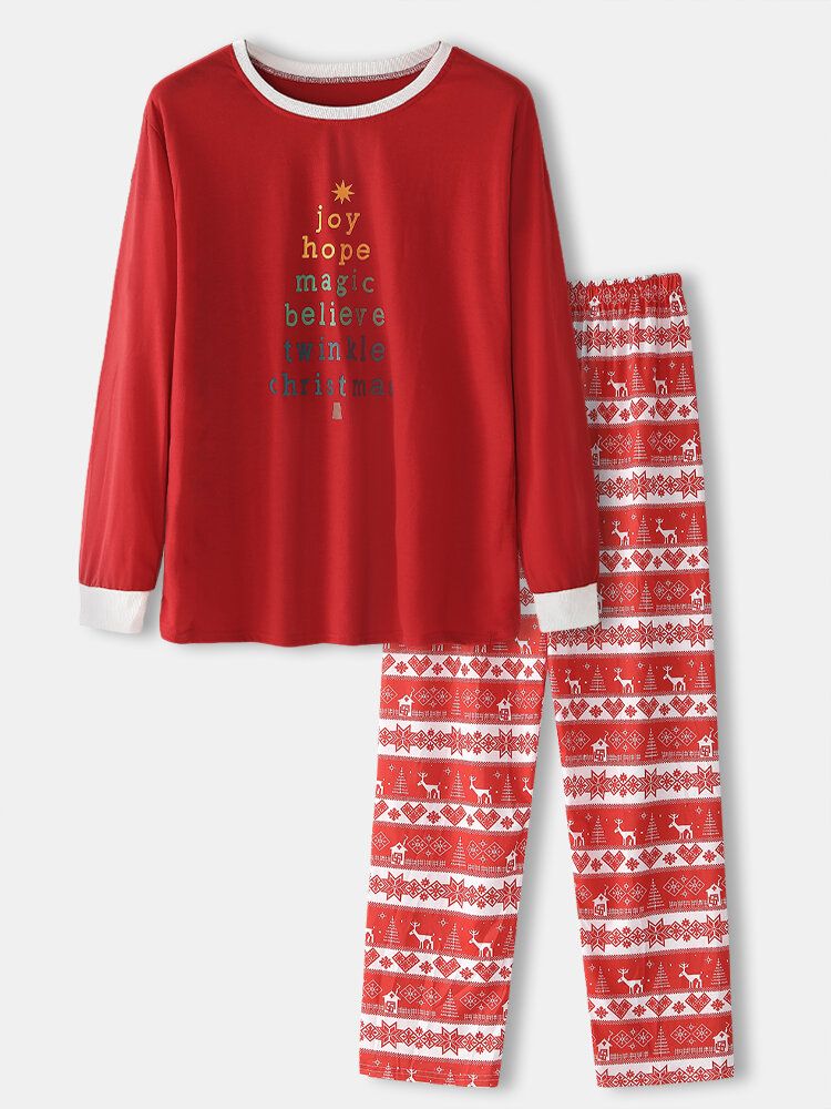 Mens Christmas Text Print Top Elk Pattern Loose Pants Two-piece Home Lounge Pyjamas Set