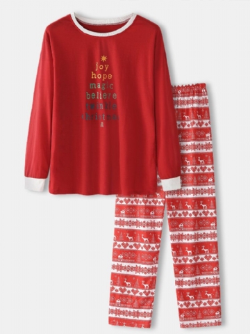 Mens Christmas Text Print Top Elk Pattern Loose Pants Two-piece Home Lounge Pyjamas Set