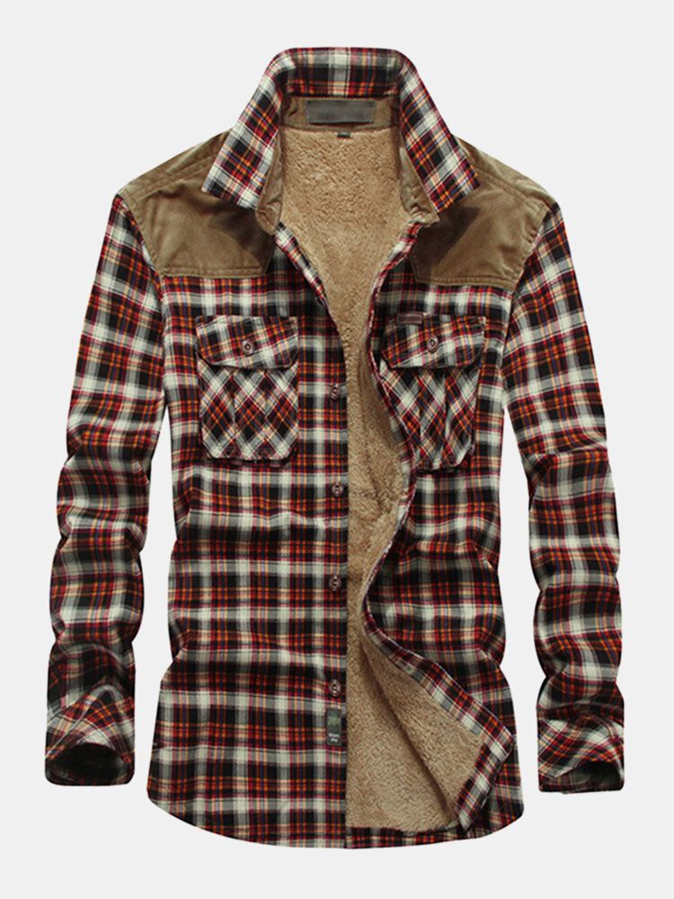 Mens Classic Plaid Piush Lined Long Sleeve Revers Thick Vintage Shirt Jacket