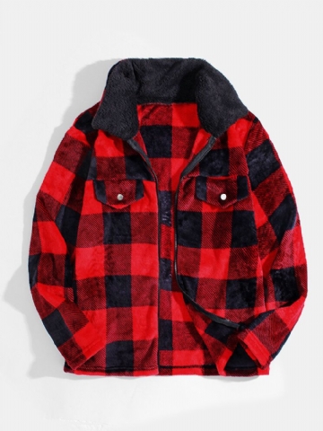 Mens Classical Check Print Fleece Revers Casual Stylish Warm Jackets