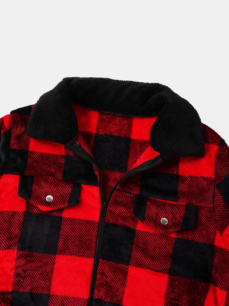 Mens Classical Check Print Fleece Revers Casual Stylish Warm Jackets