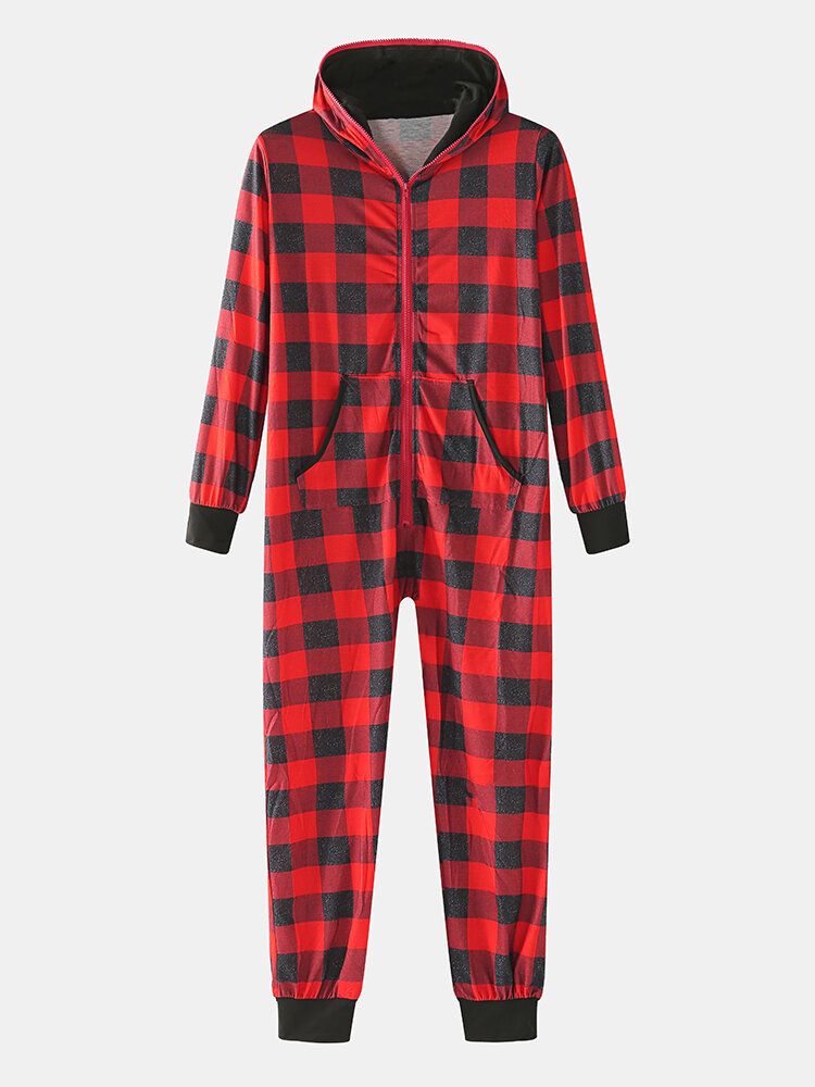 Mens Classical Plaid Print Front Pocket Long Sleeve Zipper Hooded Jumpsuit Home One-piece Pyjamas