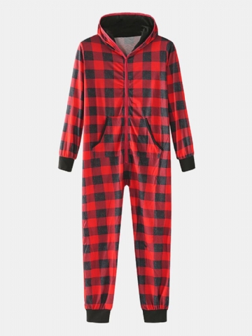 Mens Classical Plaid Print Front Pocket Long Sleeve Zipper Hooded Jumpsuit Home One-piece Pyjamas