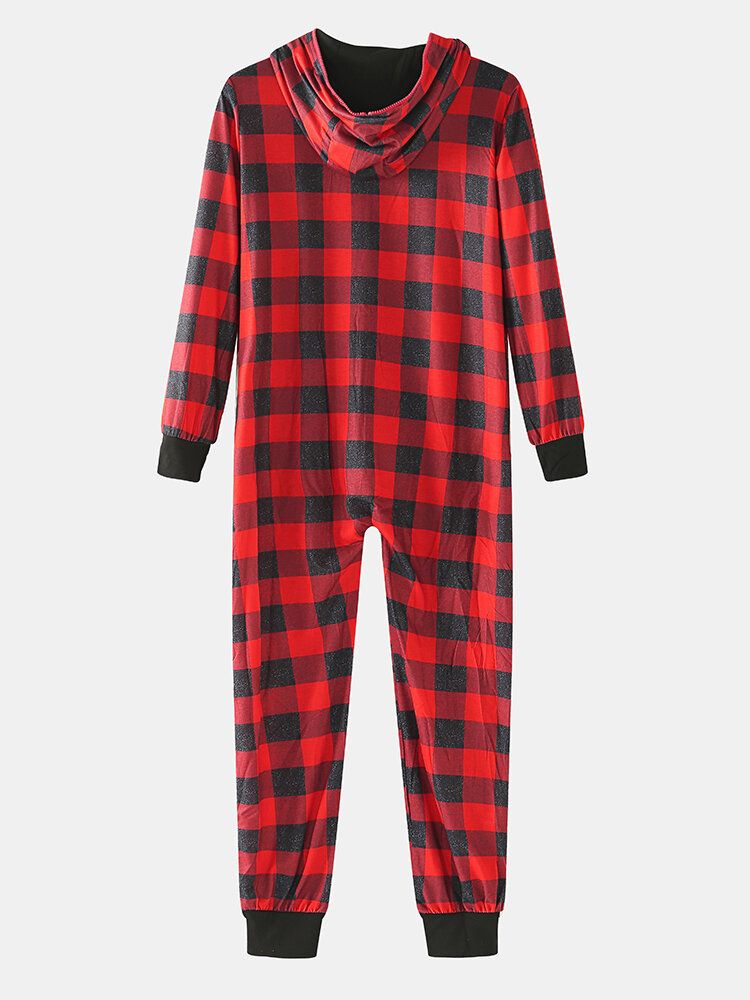 Mens Classical Plaid Print Front Pocket Long Sleeve Zipper Hooded Jumpsuit Home One-piece Pyjamas