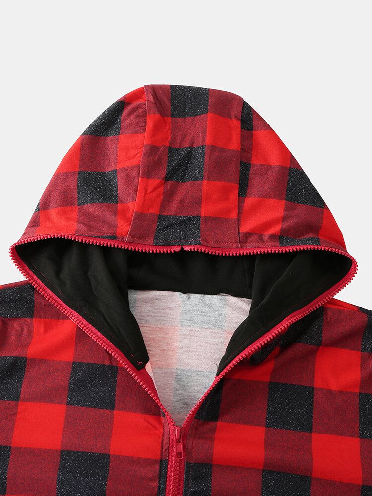 Mens Classical Plaid Print Front Pocket Long Sleeve Zipper Hooded Jumpsuit Home One-piece Pyjamas