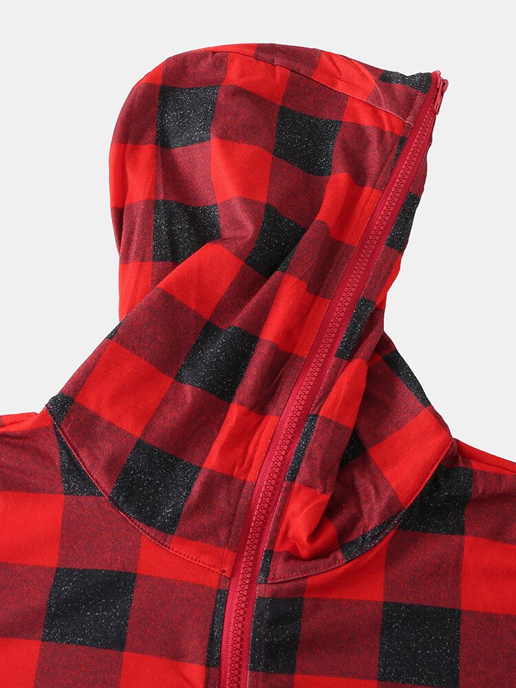 Mens Classical Plaid Print Front Pocket Long Sleeve Zipper Hooded Jumpsuit Home One-piece Pyjamas