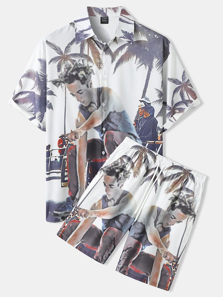 Mens Coconut Tree Figure Print Button Up Holiday Deux Pièces Tenues