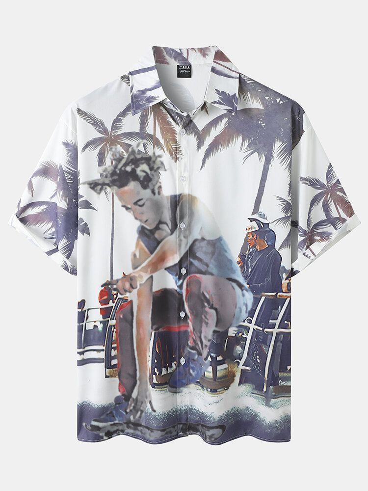 Mens Coconut Tree Figure Print Button Up Holiday Deux Pièces Tenues