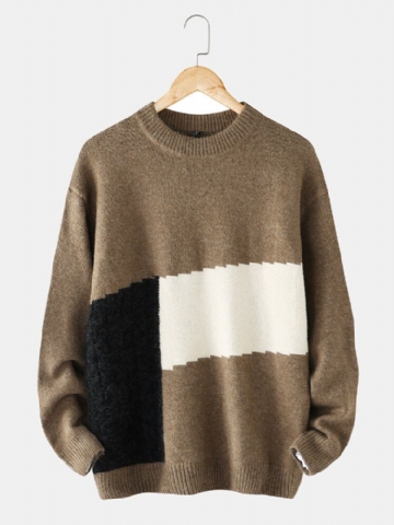 Mens Color Block Patchwork Crew Neck Pull En Tricot Pulls Décontractés