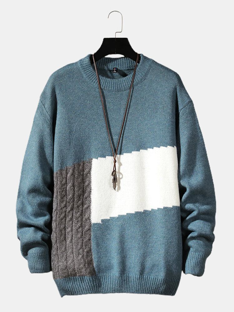 Mens Color Block Patchwork Crew Neck Pull En Tricot Pulls Décontractés