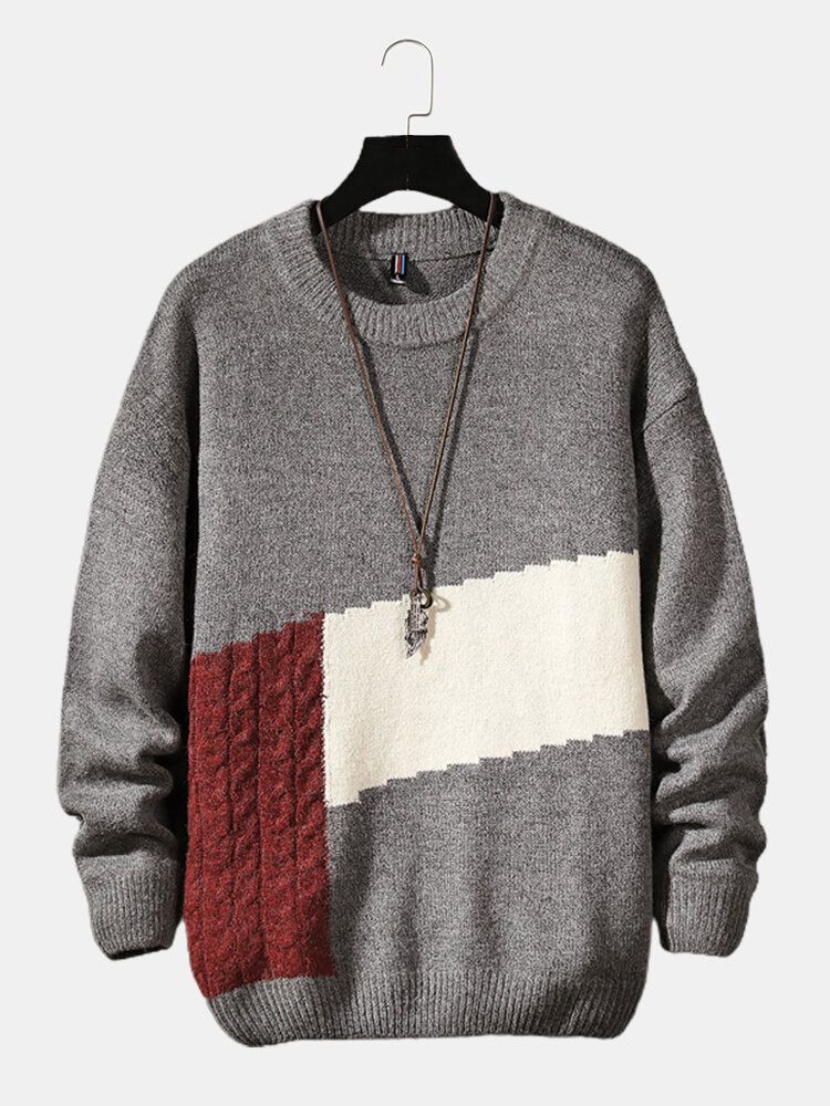 Mens Color Block Patchwork Crew Neck Pull En Tricot Pulls Décontractés