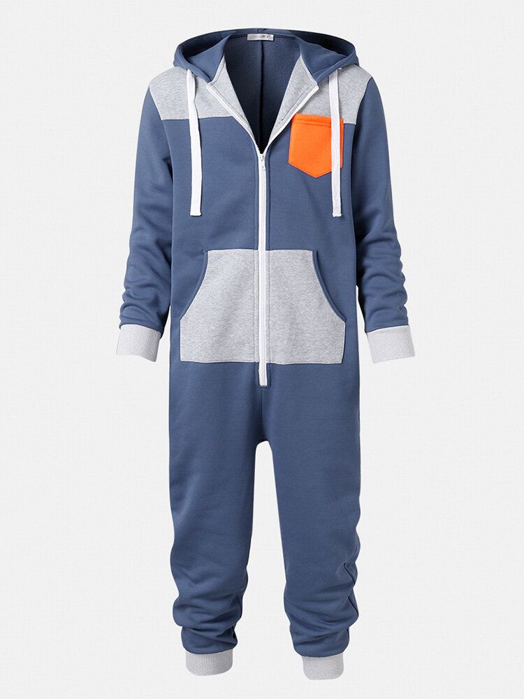 Mens Color Block Patchwork Zipper Hooded Jumpsuit Home Casual Sleepwear Onesies