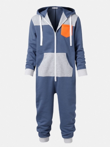 Mens Color Block Patchwork Zipper Hooded Jumpsuit Home Casual Sleepwear Onesies