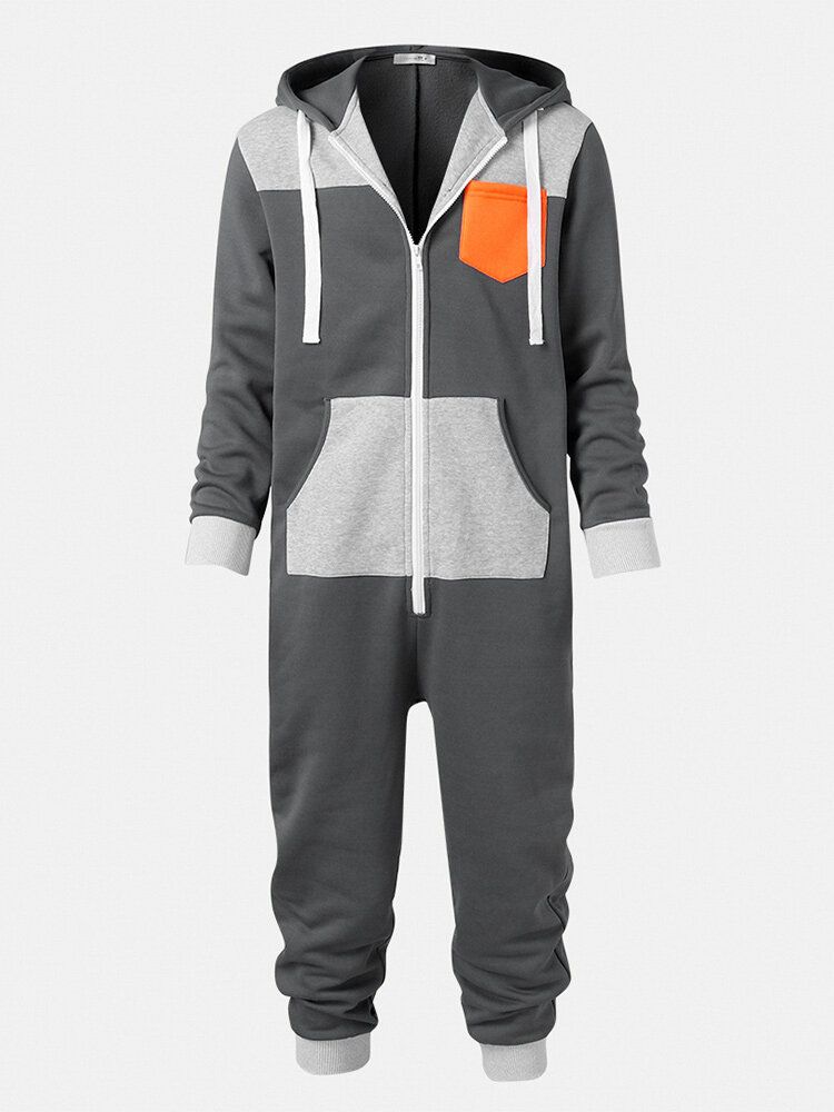 Mens Color Block Patchwork Zipper Hooded Jumpsuit Home Casual Sleepwear Onesies