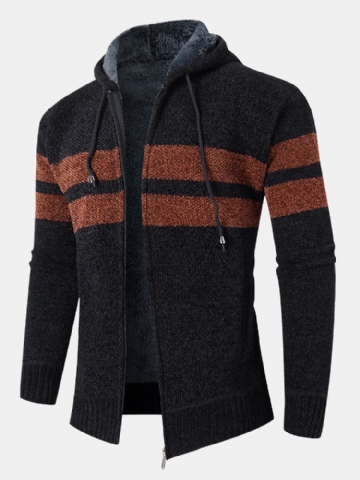 Mens Colorblock Knitted Zipper Warm Hooded Pull Cardigans