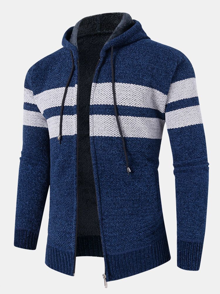 Mens Colorblock Knitted Zipper Warm Hooded Pull Cardigans