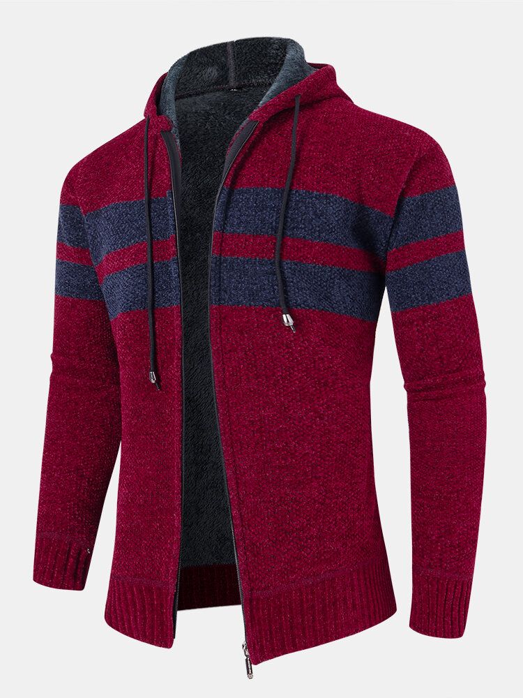 Mens Colorblock Knitted Zipper Warm Hooded Pull Cardigans