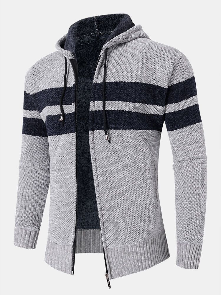 Mens Colorblock Knitted Zipper Warm Hooded Pull Cardigans