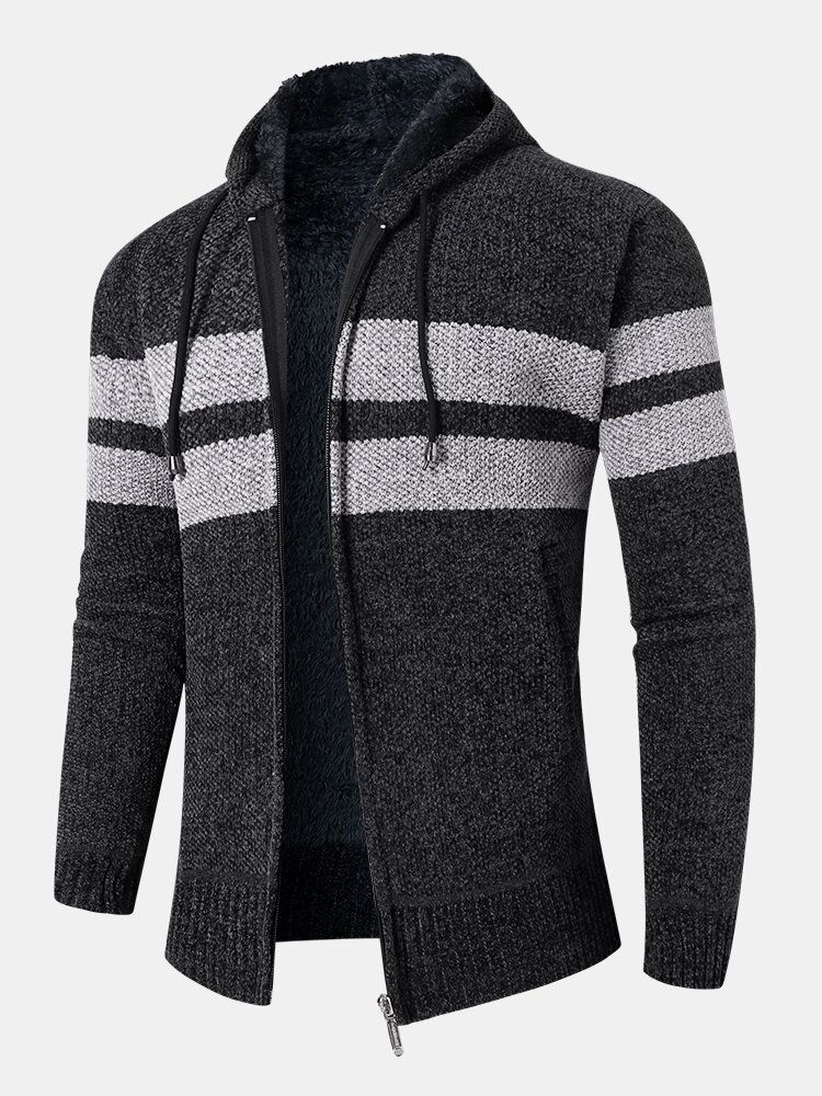 Mens Colorblock Knitted Zipper Warm Hooded Pull Cardigans