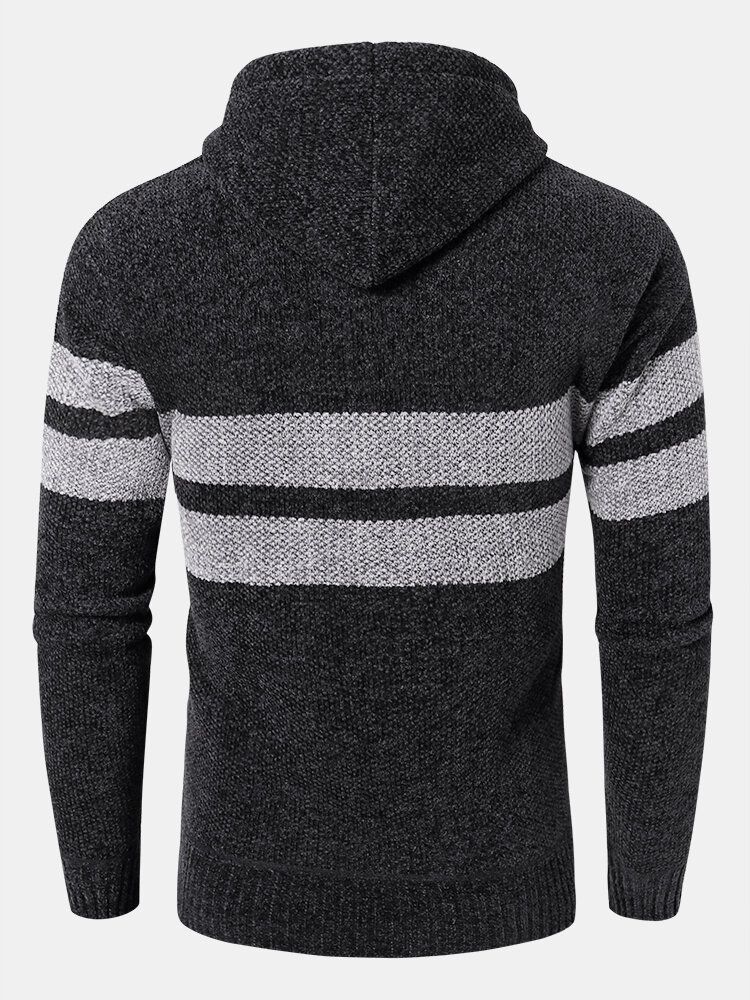 Mens Colorblock Knitted Zipper Warm Hooded Pull Cardigans