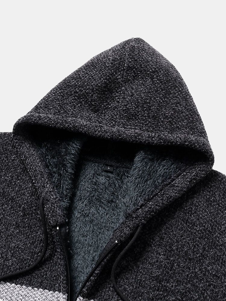 Mens Colorblock Knitted Zipper Warm Hooded Pull Cardigans