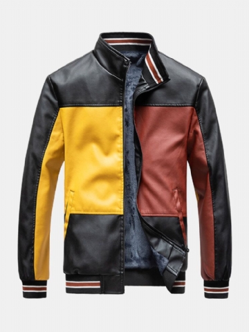 Mens Colorblock Patchwork Pu Leather Zip Front Revers Collar Thicken Jackets