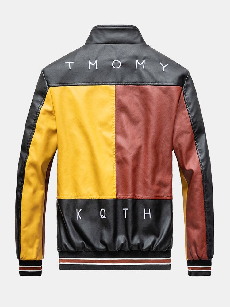 Mens Colorblock Patchwork Pu Leather Zip Front Revers Collar Thicken Jackets