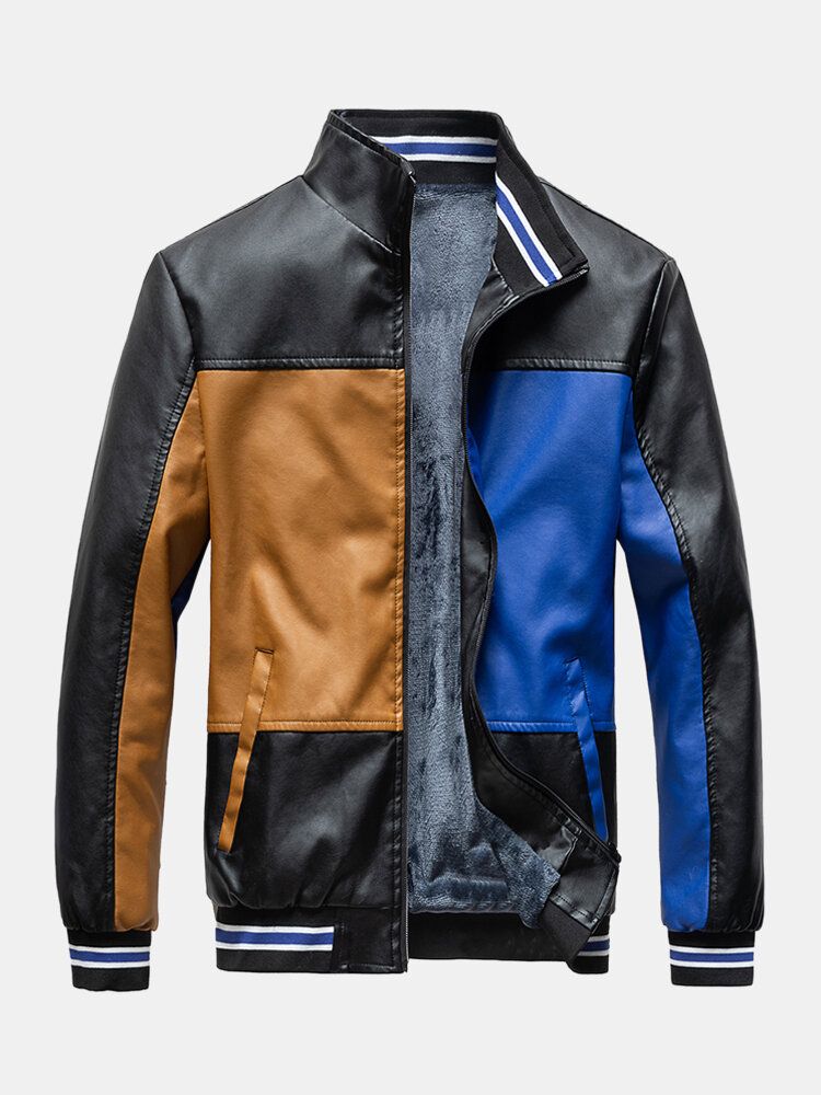 Mens Colorblock Patchwork Pu Leather Zip Front Revers Collar Thicken Jackets