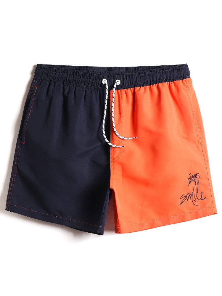 Mens Contrast Color Patchwork Quick Dry Drawstring Waist Thin Beach Board Shorts