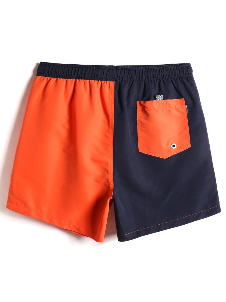 Mens Contrast Color Patchwork Quick Dry Drawstring Waist Thin Beach Board Shorts