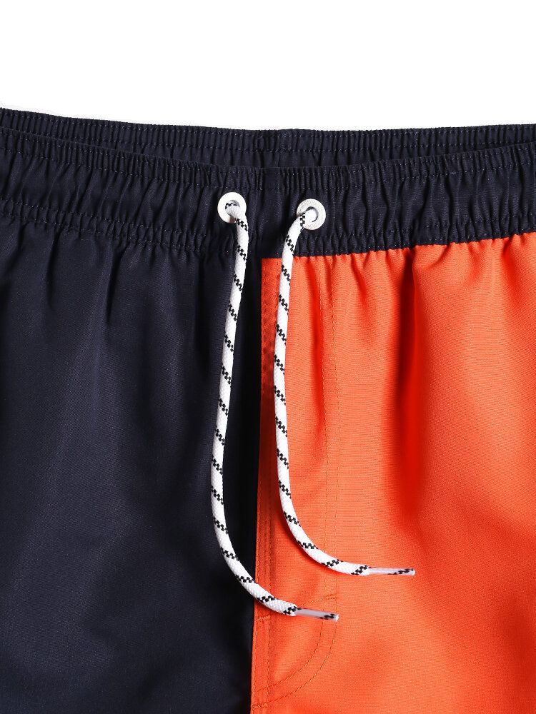 Mens Contrast Color Patchwork Quick Dry Drawstring Waist Thin Beach Board Shorts