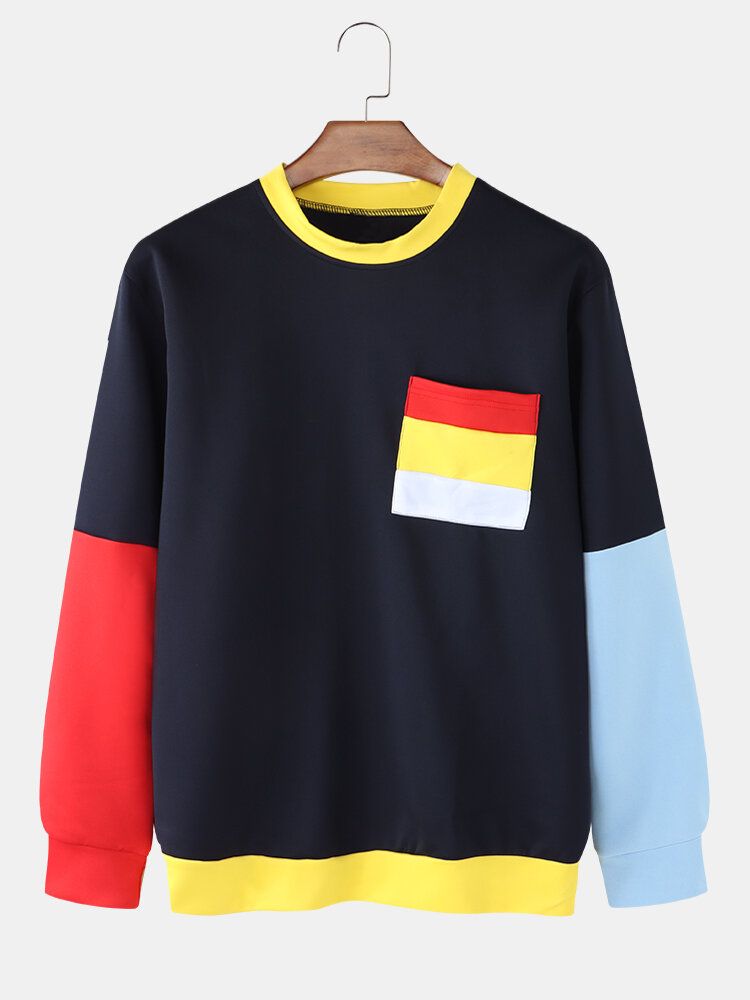 Mens Contraste Couleurs Patchwork Pull Faux Twinset Sweatshirts