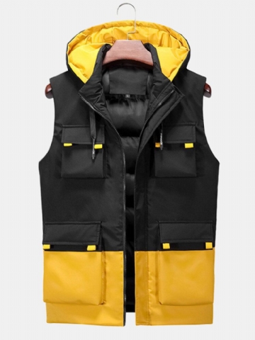 Mens Contraste Patchwork Chaud Coupe-vent À Capuche Rembourré Gilet Gilets Avec Multi Poche