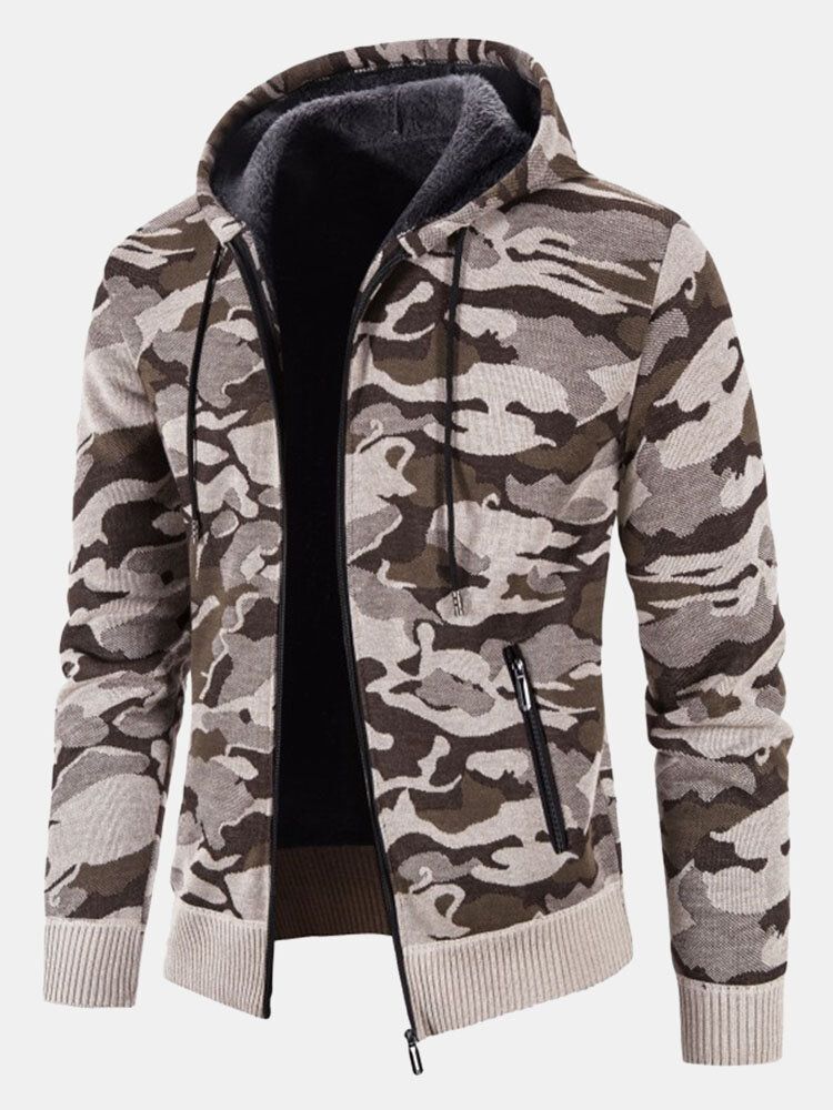 Mens Coton Camo Imprimé Doublé En Peluche Fermeture Éclair Poches Obliques Vestes