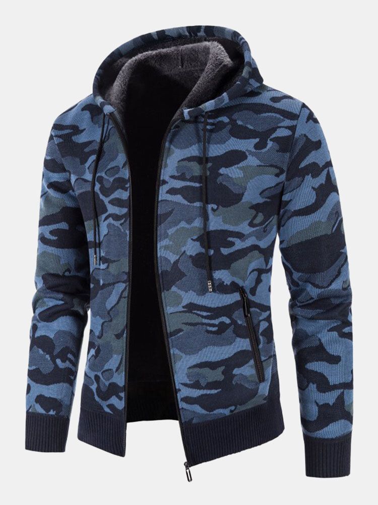 Mens Coton Camo Imprimé Doublé En Peluche Fermeture Éclair Poches Obliques Vestes