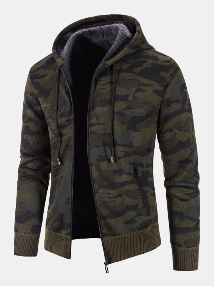 Mens Coton Camo Imprimé Doublé En Peluche Fermeture Éclair Poches Obliques Vestes