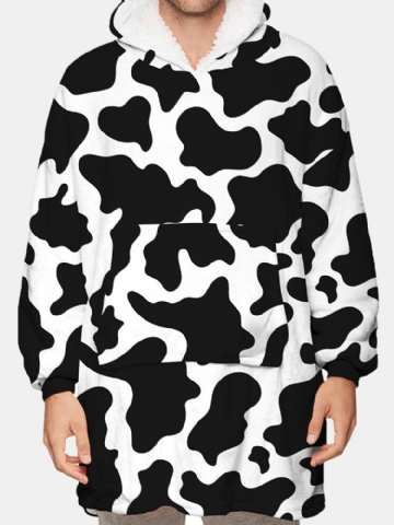 Mens Cow Pattern Print Flannel Couverture Surdimensionnée À Capuche Avec Poche