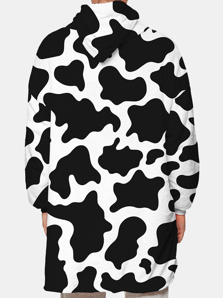 Mens Cow Pattern Print Flannel Couverture Surdimensionnée À Capuche Avec Poche