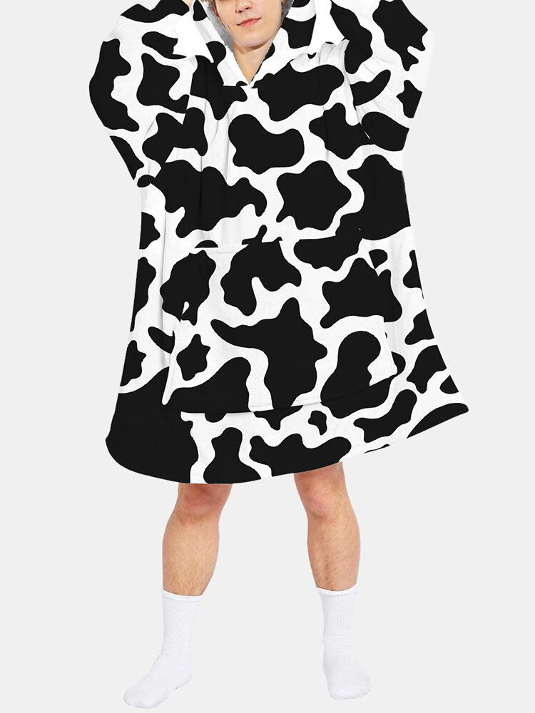 Mens Cow Pattern Print Flannel Couverture Surdimensionnée À Capuche Avec Poche